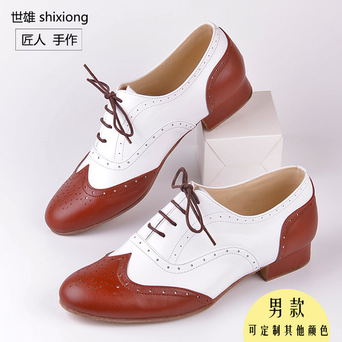 男士棕色拼接布洛克系带款男鞋摇摆舞圆头平跟真皮大底定制舞蹈鞋