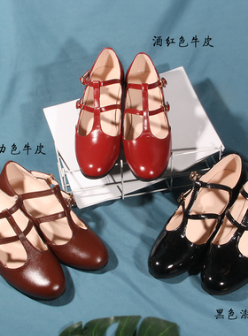 vintage日系丁字鞋森女复古鞋墨绿色牛皮手工女单鞋子粗中跟旗袍