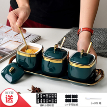 Nordic emerald ceramic flip condiment box set seasoning pot, salt sugar pot, four piece set, household kitchen with cover
