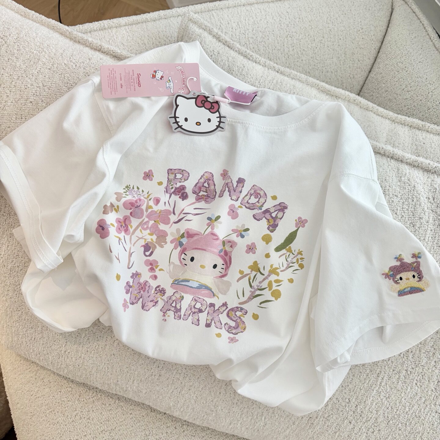 Pandawarks【花丛水彩kitty】180g纯棉无感印花治愈短袖T恤女夏韩