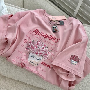 夏日的温柔粉~Pandawarks熊猫纸袋家180g纯棉刺绣短袖T恤女夏韩版
