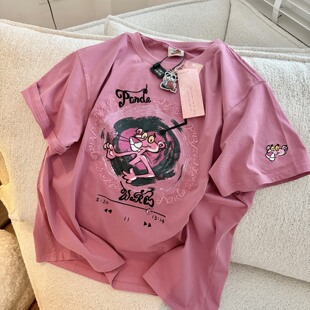 Pandawarks纸袋家【唱片粉红豹】无感印花180g酷夏薄棉短袖T恤女