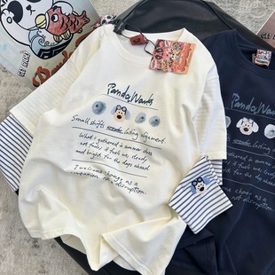 可可爱爱 T恤女 pandawarks熊猫纸袋家260g纯棉假两件设计宽松长袖