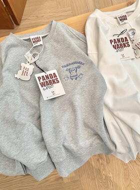 pandawarks熊猫纸袋后背刺绣侧开叉320g纯棉毛圈卫衣女秋冬韩版潮