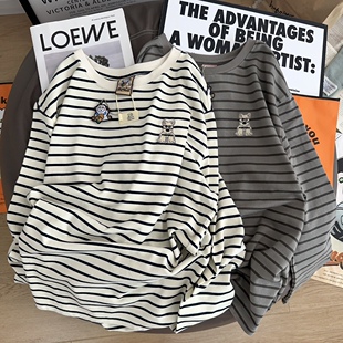 简约不挑人yongwill小羊纸袋家重工刺绣260g纯棉长袖条纹内搭T恤