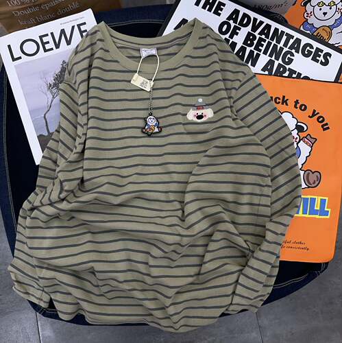 长袖韩版条纹刺绣纯棉纸袋家T恤