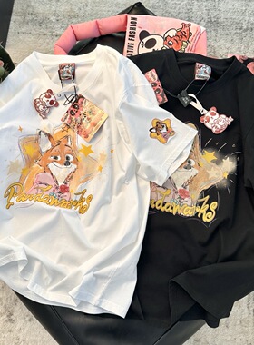 疯狂安利！pandawarks熊猫纸袋家搞怪小狐狸透气印花短袖T恤女夏