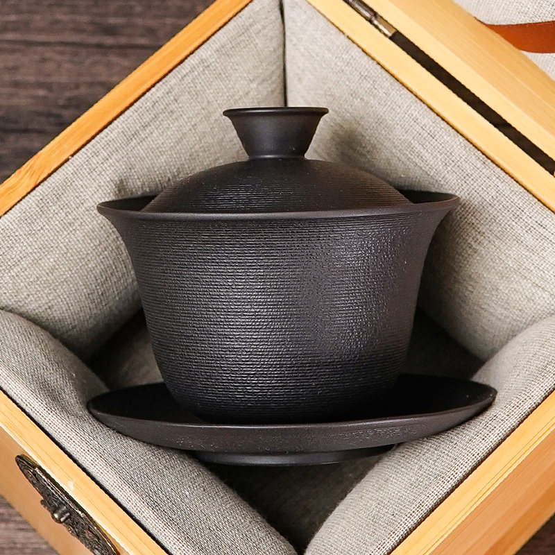 滇匠建水紫陶悬停三才盖碗茶杯单个高档马蹄薄胎泡茶套装具非白瓷