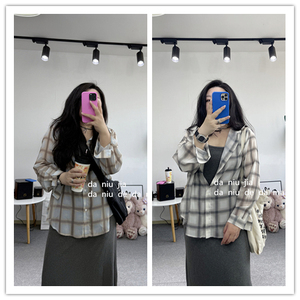 夏日百搭顺滑雪纺格纹透视清凉防晒衬衫大牛家大码女装胖MM显瘦