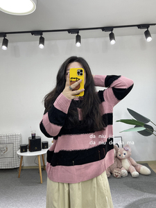 圆领撞色条纹宽松内搭长袖针织衫做旧钩破大牛家大码女装胖MM