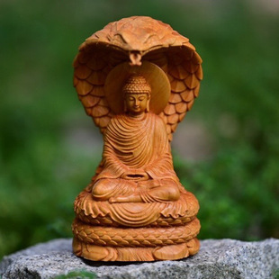 崖柏木雕蛇护佛陀大日如来坐禅释迦摩尼佛像摆件 家居客厅新中式