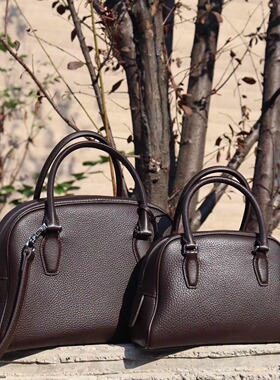 HOUSE OF HIYA新款头层牛皮大容量保龄球包小众设计波士顿包女包