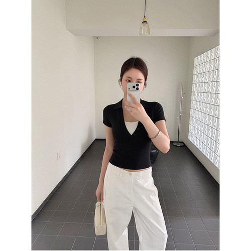 黑色假两件POLO领正肩短袖T恤女夏修身显瘦气质休闲百搭上衣女