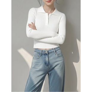 显瘦百搭气质坑条上衣毛衣 针织衫 26年春季 洋气打底气质polo领短款