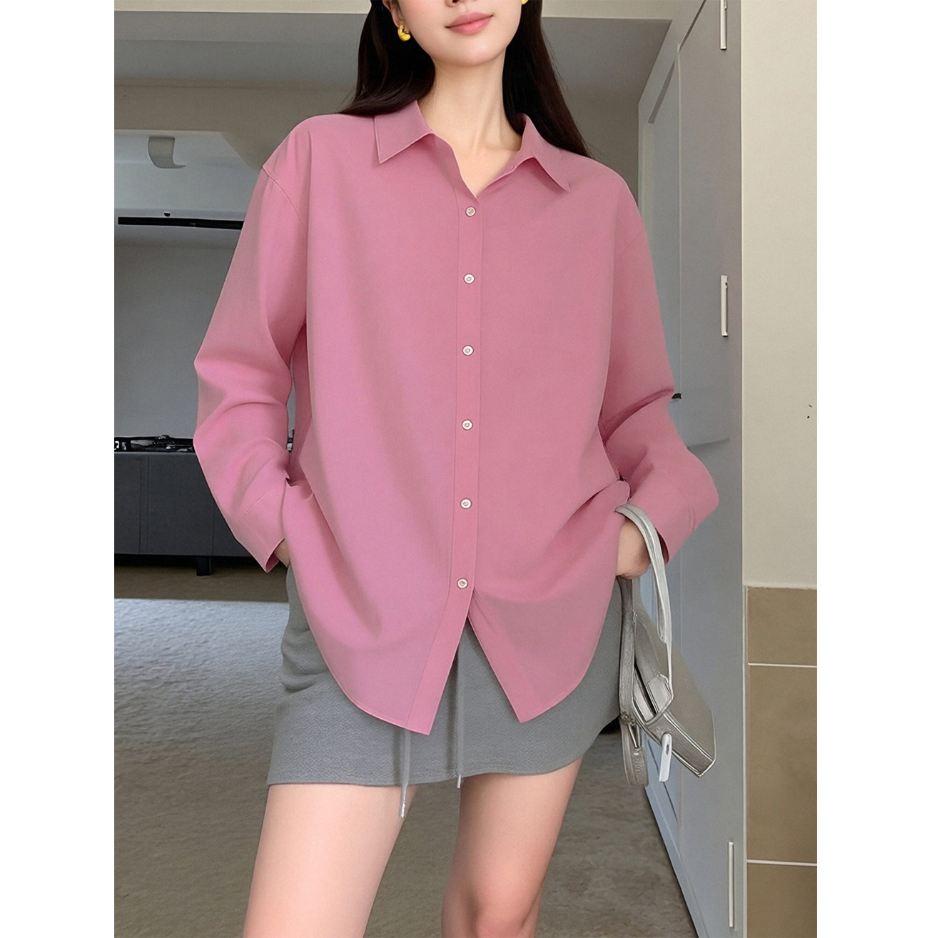 粉色polo领长袖叠穿内搭宽松通勤高级感气质翻领时尚百搭衬衫上衣