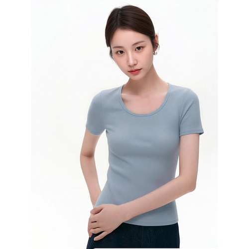 U领设计版正肩短袖T恤女夏高级感修身显瘦气质甜美上衣