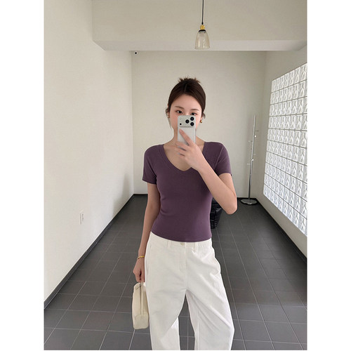 高级紫色冰丝凉感针织短袖T恤女夏气质休闲简约百搭上衣女
