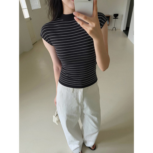 高级感条纹半高领打底衫女夏小众撞色修身显瘦气质百搭短袖T恤