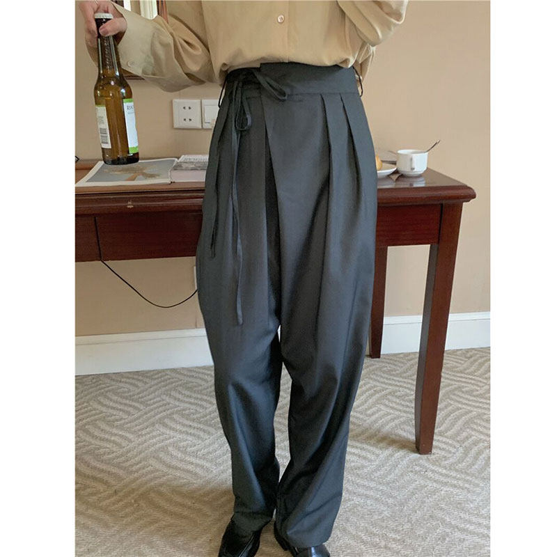 休闲西装裤女春秋2025新品韩版高腰直筒系带设计宽松阔腿拖地长裤,女装/女士精品,休闲裤,淘宝优惠券,粉丝福利购,淘宝优惠卷