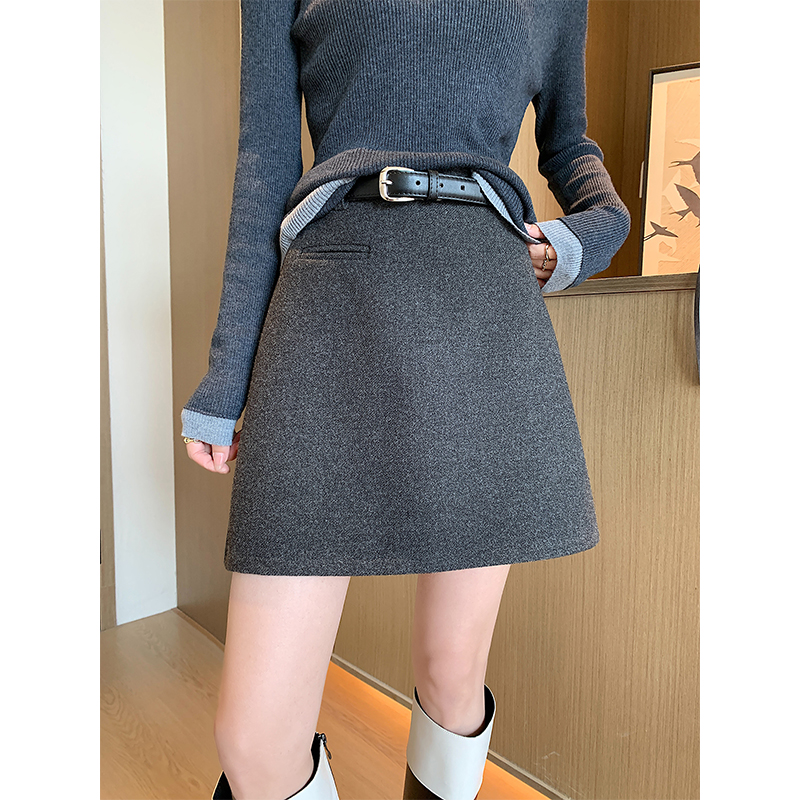 秋冬高腰显瘦遮胯呢子短裙A字显高包臀高级气质毛呢西装半身裙厚