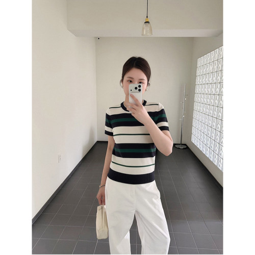 韩版圆领条纹拼色短袖针织T恤女夏新款气质休闲百搭显瘦撞色上衣