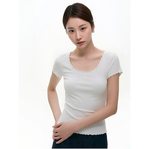 木耳边设计版正肩短袖T恤女夏高级感修身显瘦气质甜美上衣