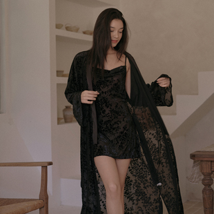 管阿姨A003性感黑色吊带睡裙女长款外袍套装复古印花高级感家居服