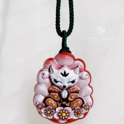 高含量朱砂彩绘九尾狐吊坠本命年平安项链挂件毛衣链男女款