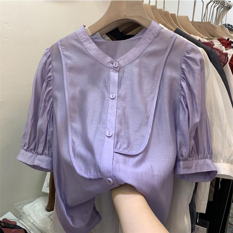 欧货夏季新款立领短袖雪纺衬衫女上衣洋气紫色泡泡袖天丝小衫