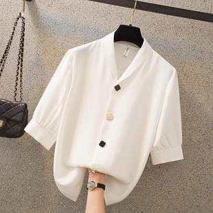 新款 韩版 衬衫 气质雪纺衬衣中袖 休闲上衣 女2024夏季 设计感小众短袖