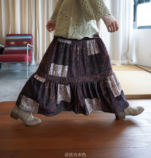 匡舟本色 新 苍井优vintage森系复古拼接 叠穿丝绒半身裙 22年春季
