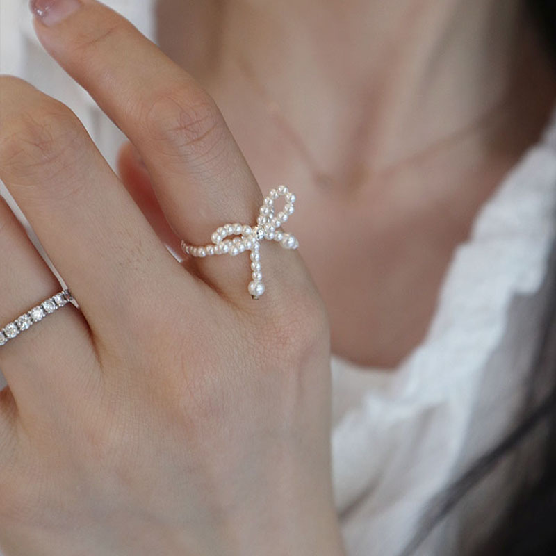 迷你珍珠可爱蝴蝶结戒指食指环