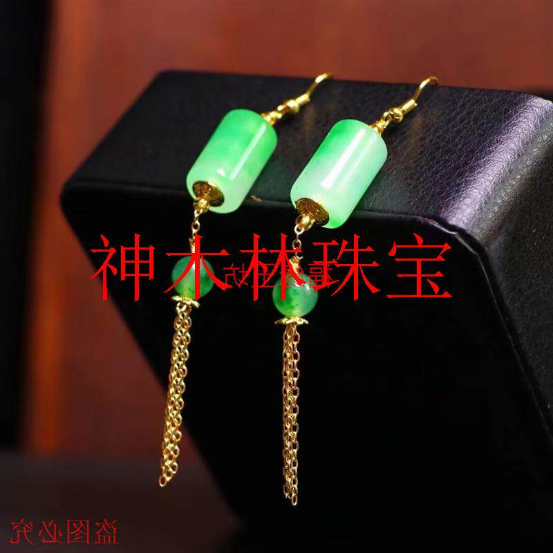 精选翡翠色玉石耳环长款精品流苏耳坠民族风个性女耳饰复古饰送礼
