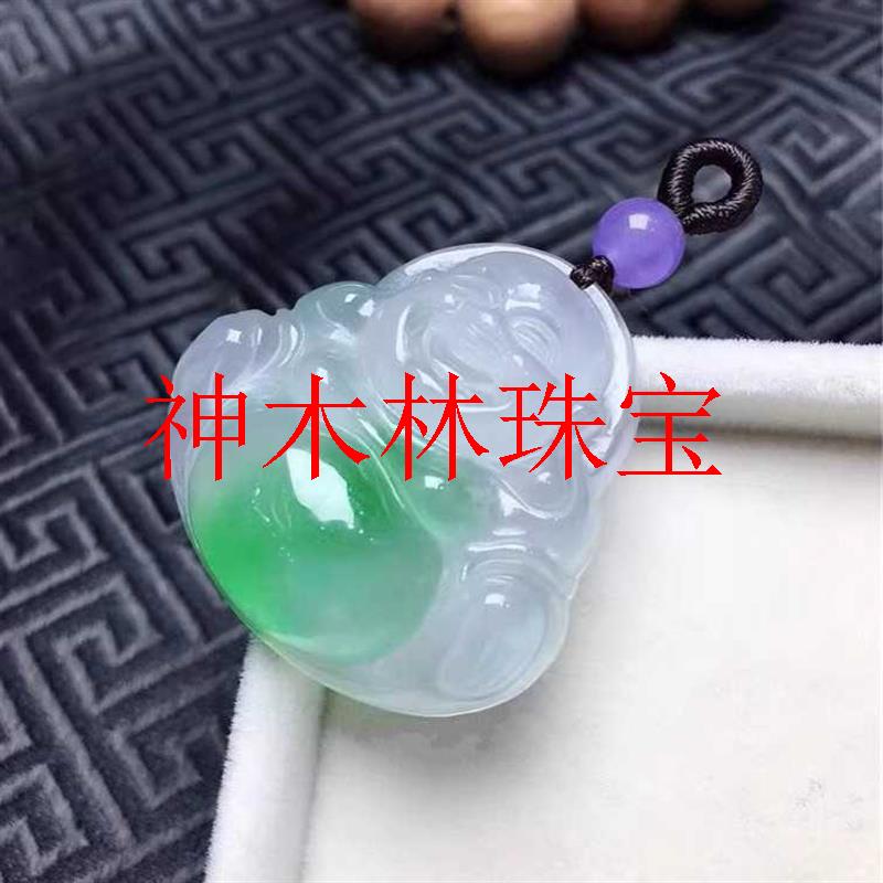 缅甸翡翠色高冰种飘绿佛公吊坠女款正阳绿弥勒佛玉坠飘花笑佛挂件