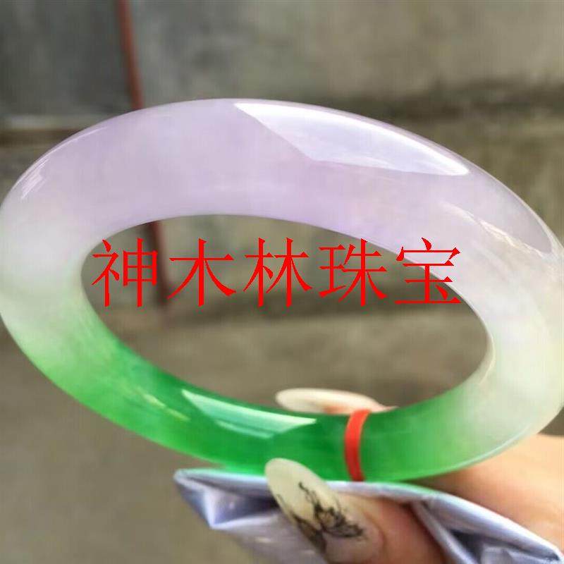 冰透翡翠色碧玉镯子春彩冰种圆条玉石手镯紫罗兰半辣绿色贵妃镯女