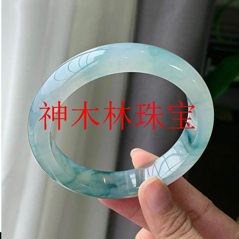 翡翠色飘花玉石手镯冰种玉石通透白底飘绿花冰糯种手镯送礼物处理