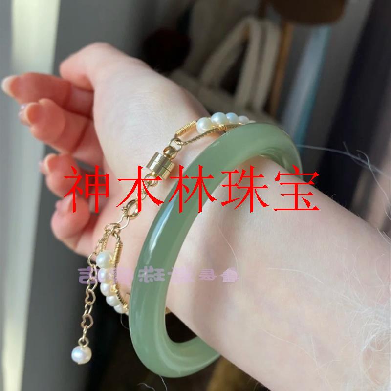新疆和田玉手镯细款小圆条晴水玉镯青海料湖水绿青白玉少女款玉镯