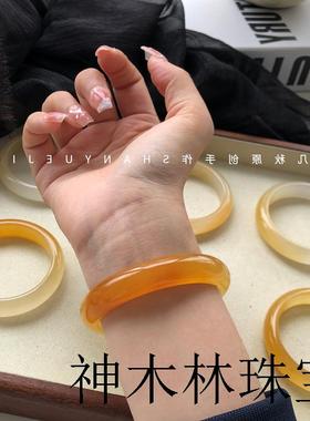 云南黄龙玉手镯冰种飘花黄玉手镯半山水柠檬黄正圈玉石镯子平安镯