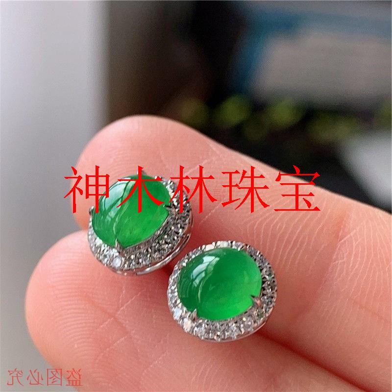 银饰古法金镶嵌冰种起胶满绿阳绿翡翠色蛋面精美耳钉气质优雅款