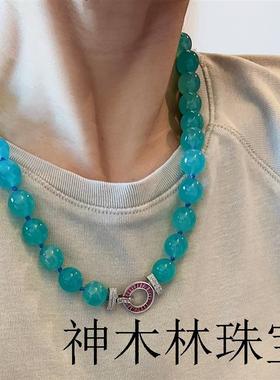 精选莫桑比克冰种天河石大颗粒原创项链蓝色转运水晶锁骨链毛衣链