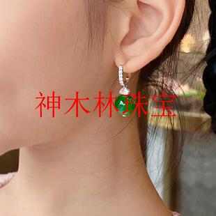 精致阳绿冰透干青翡翠色耳环小巧镶钻款耳坠新中式高级优雅女耳饰