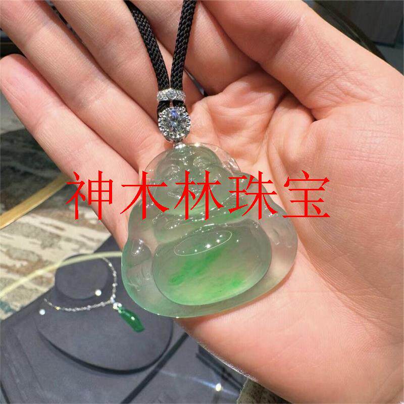 缅甸翡翠色冰种飘阳绿佛公玉吊坠冰透果绿色弥勒佛挂件项链男女款