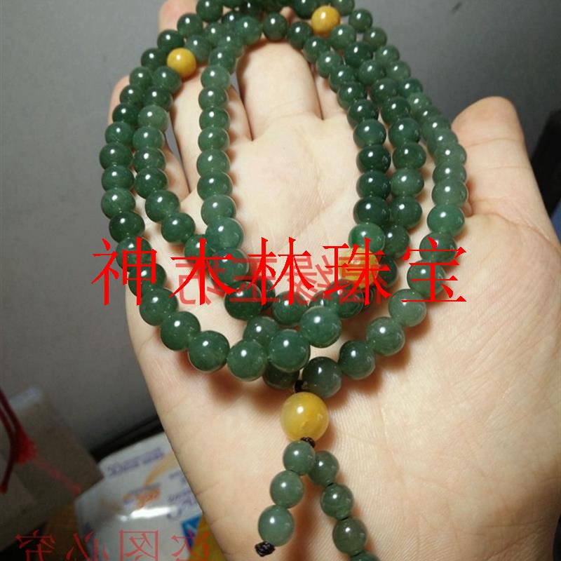 精品老坑货油青种翡翠色四圈手链圆珠佛珠手链长款项链男女款送礼