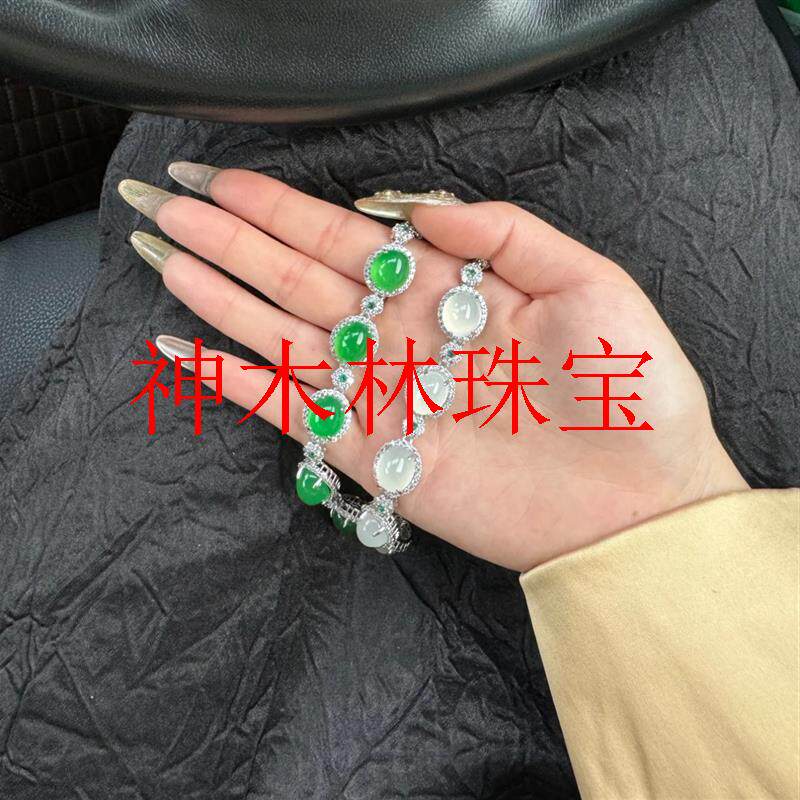 翡翠色色色玉手链满绿冰糯种镶嵌蛋面银手链白透阳绿可调节玉首饰