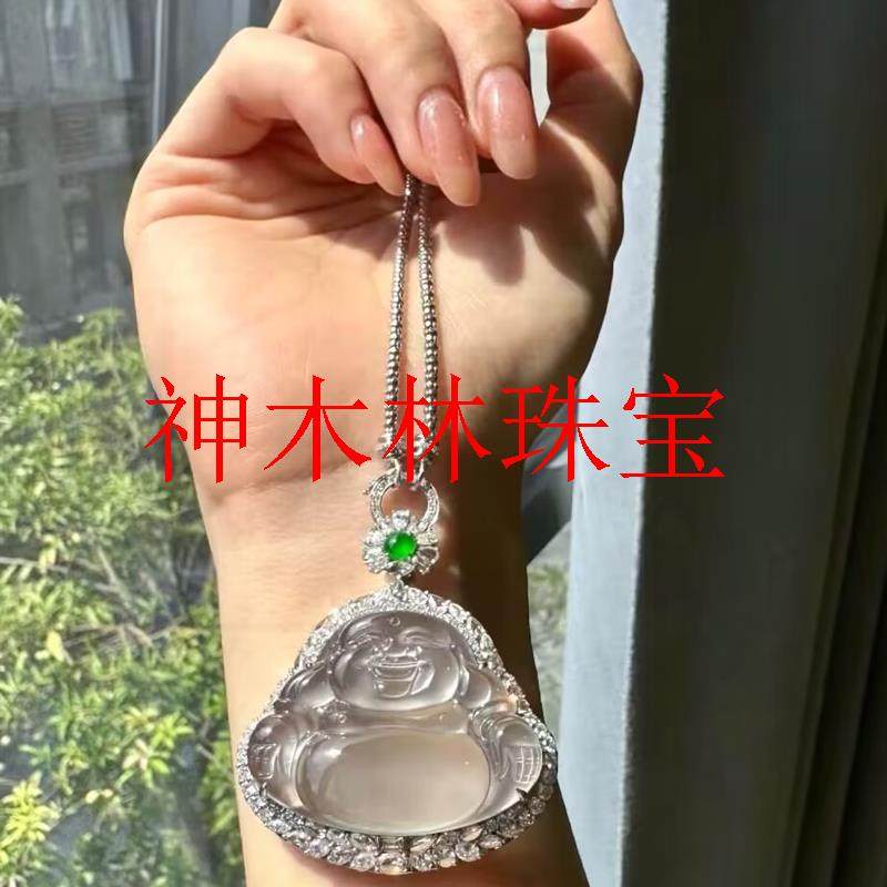 缅甸弥勒佛玻璃种翡翠色笑佛挂件佛公吊坠男女冰种玉佛玉坠子项链