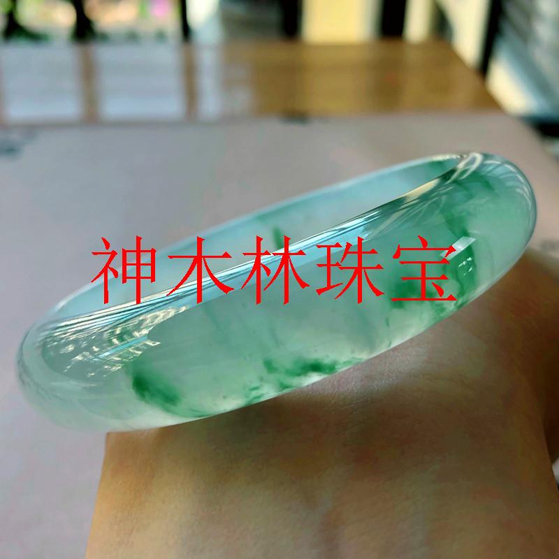 翡翠色手镯冰种飘花玉手镯处理缅甸晴水老坑宽条少女款玉石飘绿镯