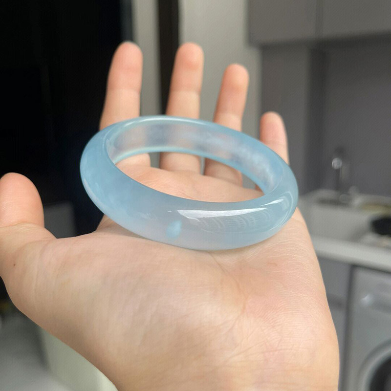 精选冰种海蓝宝正圈手镯宽版原石打磨蓝水冰镯女款高品质饰品送礼