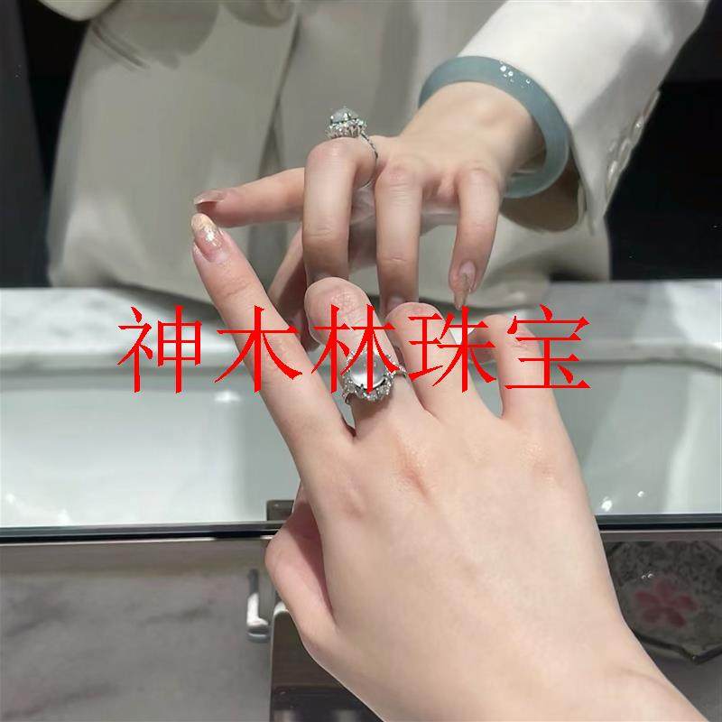 玉戒指镶嵌白冰蛋面戒指单色百搭时尚镶钻玉戒指翡翠色处理玉石