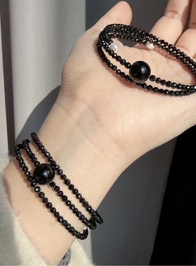 明星同款小众黑尖晶开口回弹手镯