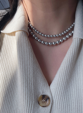 银灰色施家正圆强光珍珠项链百搭